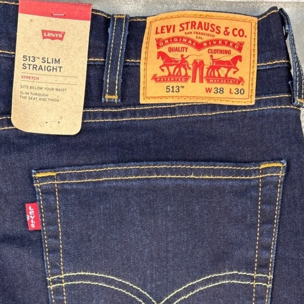 Levi Jeans Mens 38x30 513 Slim Straight Dark Indigo Stretch Denim NEW